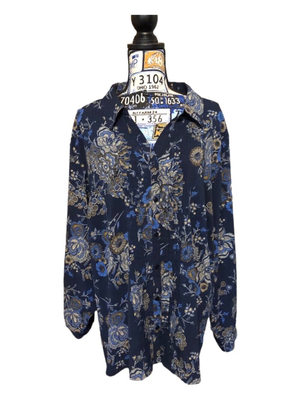 Catherines Cottagecore Blue Floral Pleat Front Collar Blouse SZ 22/24W